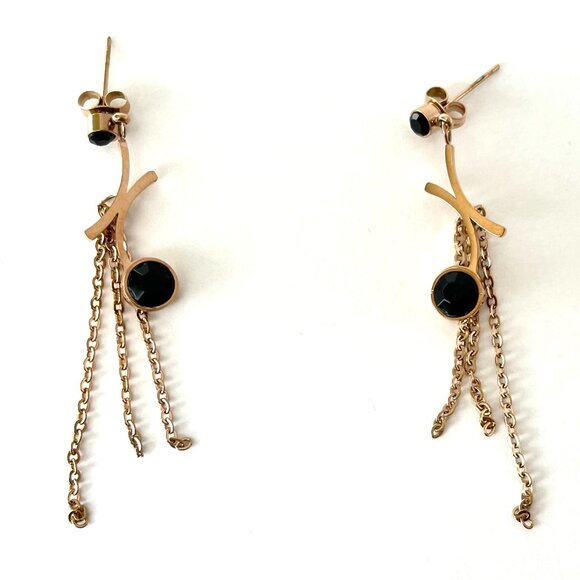 Dangle/Drop Earrings Women's Fashion Gold Tone Black Stone Unique Statement Chic - Picture 1 of 6